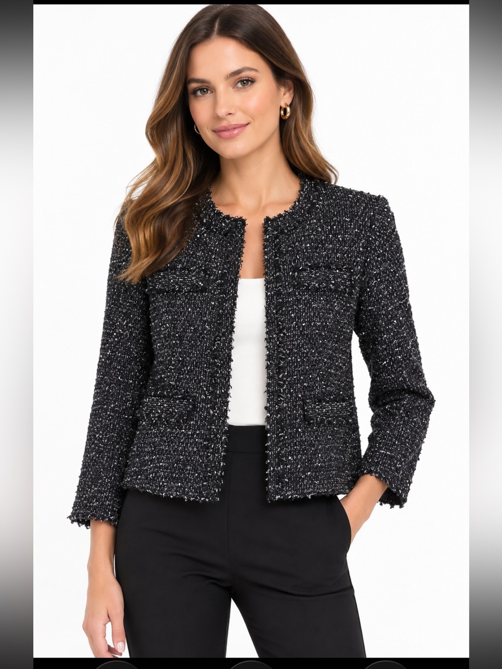 (G79) Michael Kors Black Bouclé Tweed Collarless Jacket